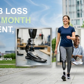 Limb Loss Awareness Month prosthetic rehabilitation patient walking with artificial leg and orthotic support devices