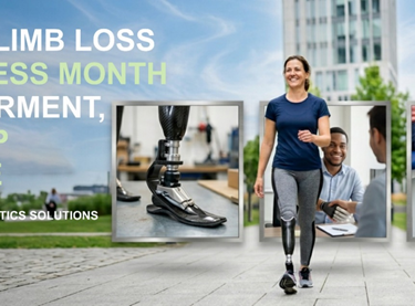 Limb Loss Awareness Month prosthetic rehabilitation patient walking with artificial leg and orthotic support devices