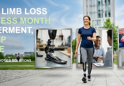 Limb Loss Awareness Month prosthetic rehabilitation patient walking with artificial leg and orthotic support devices