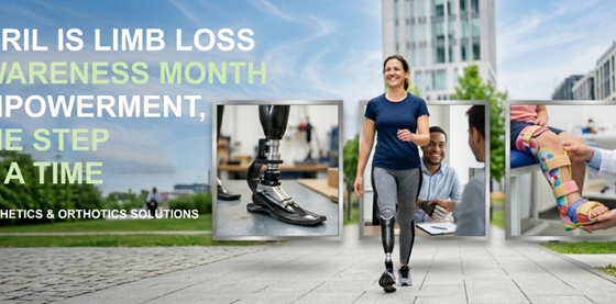 Limb Loss Awareness Month prosthetic rehabilitation patient walking with artificial leg and orthotic support devices