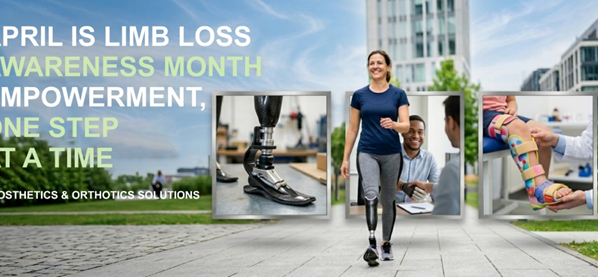 Limb Loss Awareness Month prosthetic rehabilitation patient walking with artificial leg and orthotic support devices